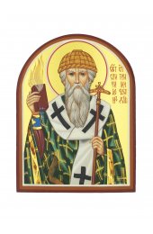 Икона Спиридон Тримифунтский Святой рукописная арка 10 на 13, арт ИРГ-245