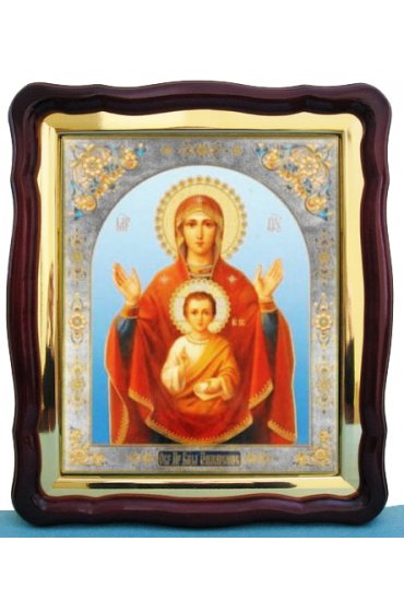 Храмовая икона Божьей Матери Знамение в фигурном киоте с багетом 43 Х 50 см, арт ХБИ-012