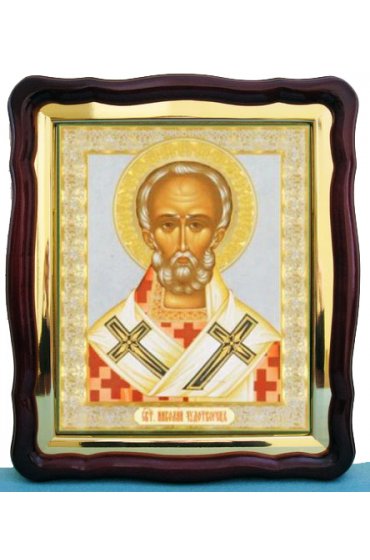 Храмовая икона Николай Чудотворец в фигурном киоте с багетом 43 Х 50 см, арт ХБИ-073