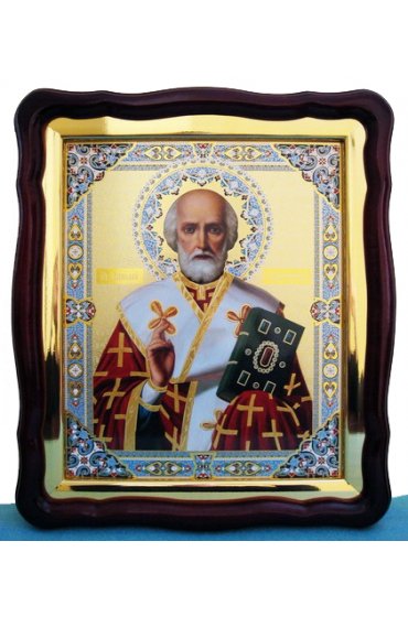 Храмовая икона Николай Чудотворец в фигурном киоте с багетом 43 Х 50 см, арт ХБИ-076