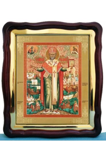 Храмовая икона Николай Чудотворец ростовая в фигурном киоте с багетом 43 Х 50 см, арт ХБИ-080