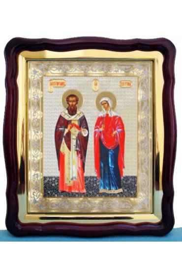 Храмовая икона Киприан и Иустина в фигурном киоте с багетом 43 Х 50 см, арт ХБИ-085
