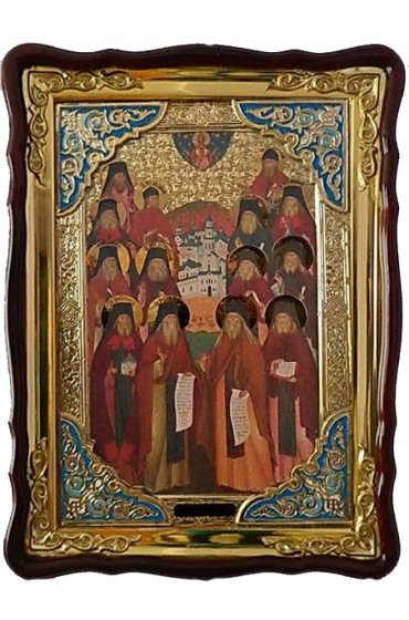 Храмовая икона Оптинские старцы в фигурном киоте 60 Х 80 см, арт ХБИ-283