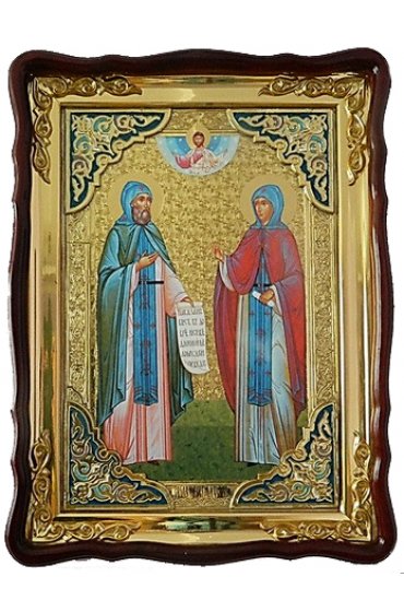 Храмовая икона Петр и Феврония Муромские в фигурном киоте 60 Х 80 см, арт ХБИ-288