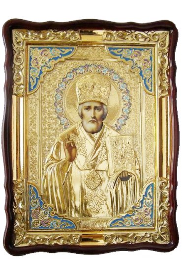Храмовая икона Николай Чудотворец в ризе и фигурном киоте 60 Х 80 см, арт ХБИ-363