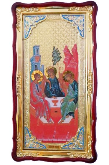 Храмовая икона Троица ростовая в фигурном киоте 61 Х 112 см, арт ХБИ-431