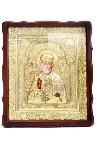 Храмовая икона Николай Чудотворец в ризе и фигурном киоте с багетом 38 Х 44 см, арт ХБИ-485