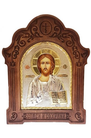 Икона Господь Вседержитель в серебряном окладе и фигурной деревянной рамке 22 на 17 см, арт ID-01