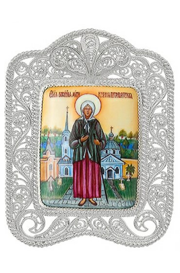 Икона Ксения Петербургская Блаженная серебро 925 проба вставка финифть 41 мм на 52 мм, арт АЛМи-30