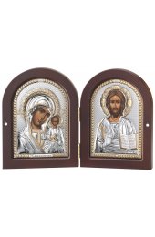 Икона складень Божья Казанская Матерь и Господь Вседержитель серебро позолота, арт БЧ-228