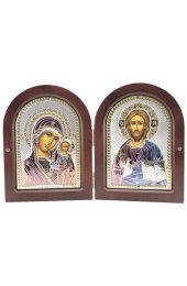 Икона складень Божья Казанская Матерь и Господь Вседержитель серебро цветная эмаль, арт БЧ-229