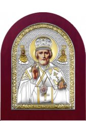 Икона Николай Чудотворец серебряная на дереве с позолотой, арт БЧ-109
