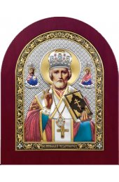 Икона Николай Чудотворец серебряная на дереве с позолотой и цветной эмалью, арт БЧ-110