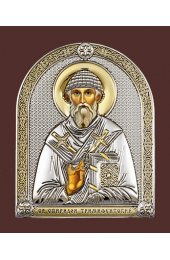 Икона Спиридон Тримифунтский серебряная в деревянной рамке с позолотой на магните, арт БЧ-152