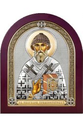 Икона Спиридон Тримифунтский серебряная на дереве с позолотой и цветной эмалью, арт БЧ-154