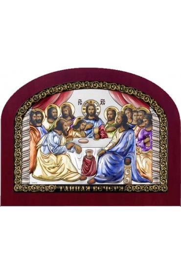 Икона Тайная Вечеря серебряная на дереве с позолотой и цветной эмалью, арт БЧ-161