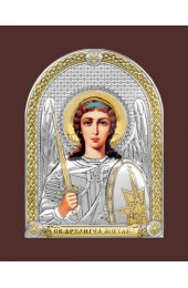 Икона Архангел Михаил серебряная в деревянной рамке с позолотой на магните, арт БЧ-186
