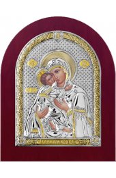 Икона Владимирская Божья Матерь серебряная на дереве с позолотой, арт БЧ-040