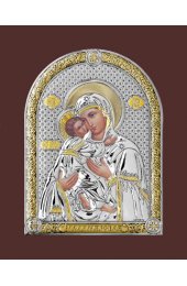 Икона Владимирская Божья Матерь серебряная в деревянной рамке с позолотой на магните, арт БЧ-047