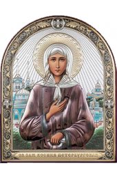 Икона Ксения Петербургская дорожная серебряная с позолотой и цветной эмалью, в кожаном чехле, арт БЧ-079