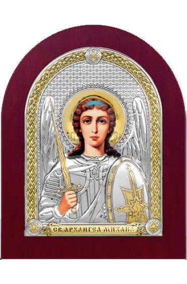 Икона Архангел Михаил серебряная на дереве с позолотой, арт БЧ-094