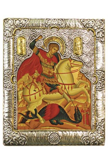 Икона Георгий Победоносец в серебряном окладе, арт ДВ-455