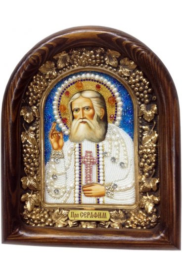 Икона Серафим Саровский из бисера жемчуга и натуральных камней, арт ДИ-167