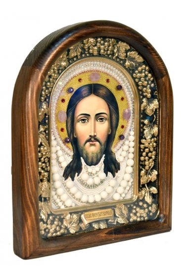 Икона Спас Нерукотворный из бисера и жемчуга, арт ДИ-468