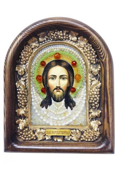 Икона Спас Нерукотворный из бисера и жемчуга, арт ДИ-466
