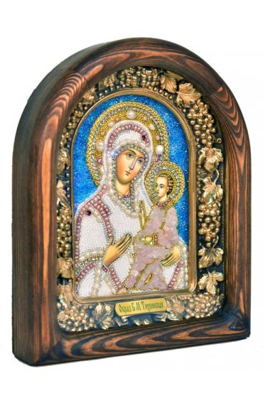 Икона Божией Матери Тихвинская из бисера и жемчуга, арт ДИ-353