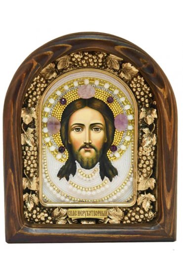 Икона Спас Нерукотворный из бисера и натуральных камней, арт ДИ-472