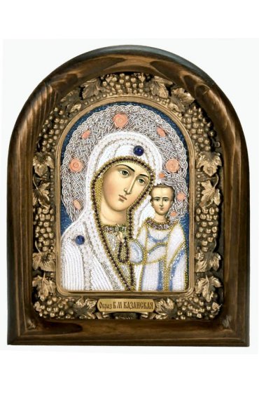 Икона Божией Матери Казанская из бисера и жемчуга, арт ДИ-234