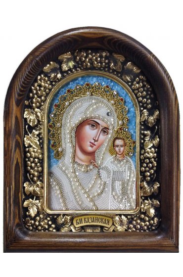Икона Божией Матери Казанская из бисера и жемчуга, арт ДИ-258
