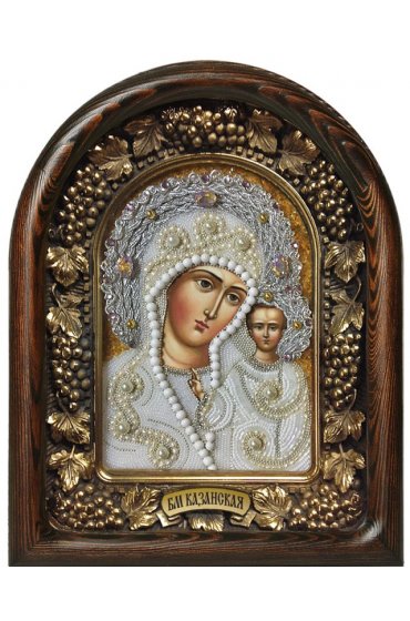 Икона Божией Матери Казанская из бисера и жемчуга, арт ДИ-259