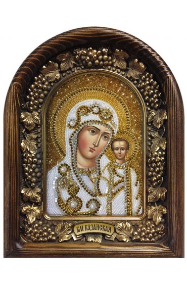 Икона Божией Матери Казанская из бисера и жемчуга, арт ДИ-257