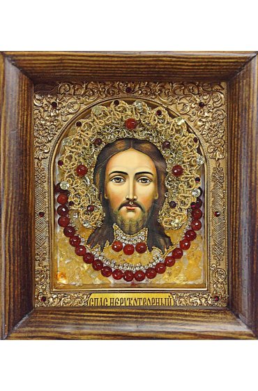 Икона Спас Нерукотворный из жемчуга и натуральных камней, арт ДИ-476