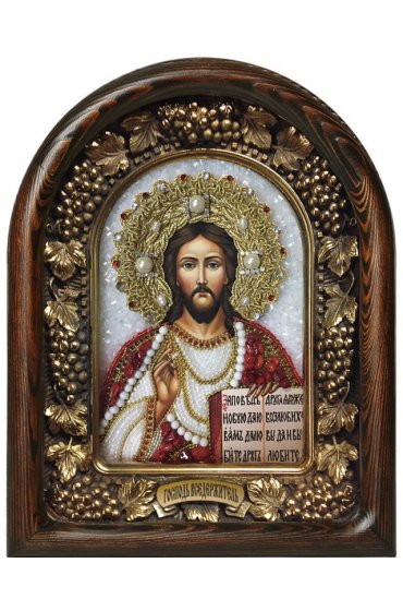 Икона Господь Вседержитель из бисера и жемчуга, арт ДИ-424