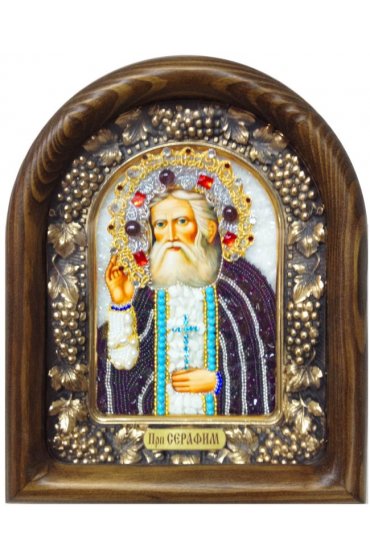 Икона Серафим Саровский из бисера жемчуга и натуральных камней, арт ДИ-168