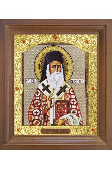 Икона Нектарий Эгинский Чудотворец 17 на 20 см в деревянной рамке с окладом, арт ДР-005
