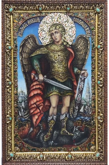 Икона рукописная Архангел Михаил 70*110 эксклюзивная перегородчатая эмаль, арт Ре-3003