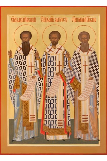 Икона Василий Великий, Иоанн Златоуст и Григорий Богослов писаная, арт ИР-0354