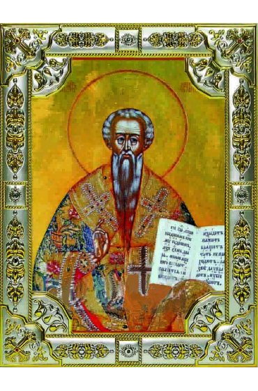 Икона Лев Катанский серебро 18 х 24 со стразами, арт вк-1015