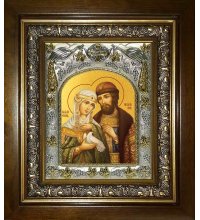 Икона Петр и Феврония Муромские серебро, 14x18 см, в деревянном киоте 20х24 см, арт вк-1101