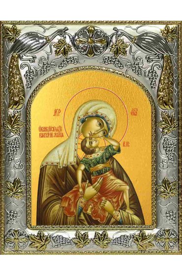Икона Божьей Матери Взыграние младенца 14x18 в серебряном окладе, арт вк-2696