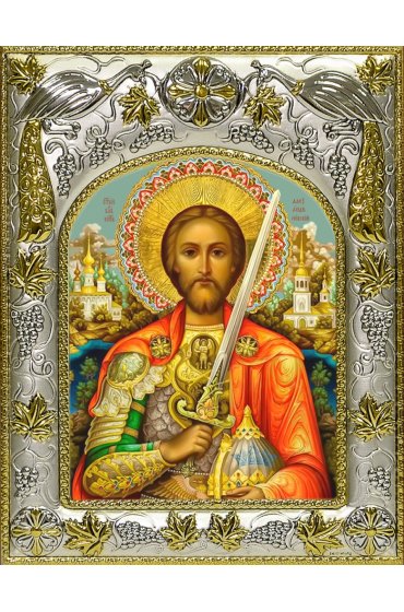 Икона Александр Невский 14x18 в серебряном окладе, арт вк-3568