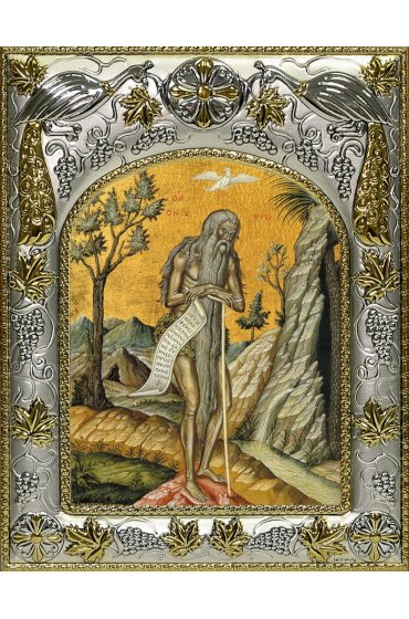 Икона Онуфрий Великий, 14x18 в серебряном окладе, арт вк-4248