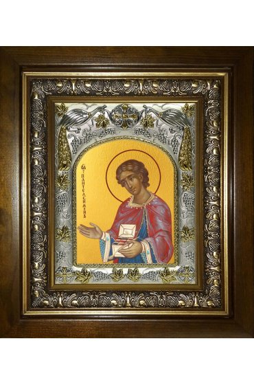 Икона Пантелеймон Целитель, 14x18 см, в деревянном киоте 20х24 см, арт вк-4300