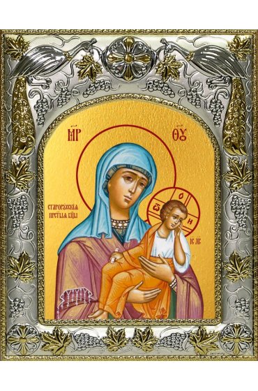 Икона Божьей Матери Старорусская, 14x18 в серебряном окладе, арт вк-5014