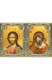 Икона Складень Спаситель Божья Матерь Казанская, серебро 18 х 24 со стразами, арт вк-5347-3127
