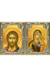 Икона Складень Спаситель Божья Матерь Казанская, серебро 18 х 24 со стразами, арт вк-5349-5061